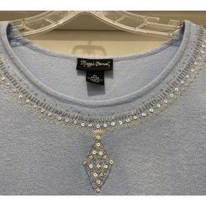 Maggie Barnes Sweater Womens SZ 3X Pullover Soft Blue Beaded Sequined 3/4 Sleeve